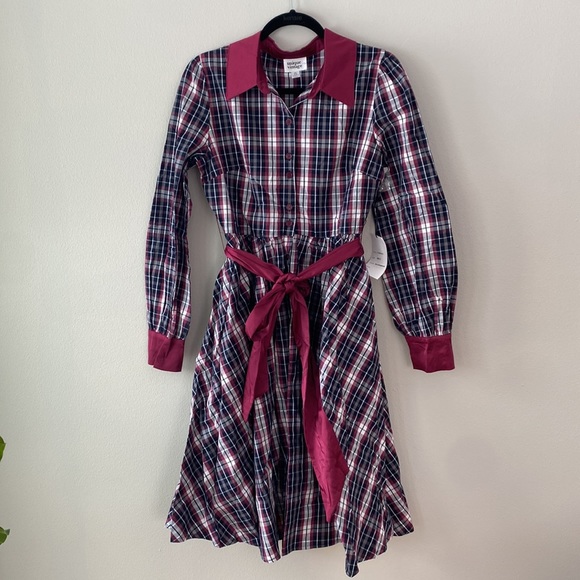 Unique Vintage Navy & Burgundy Plaid Shirtdress Size 6-8 - Picture 2 of 8